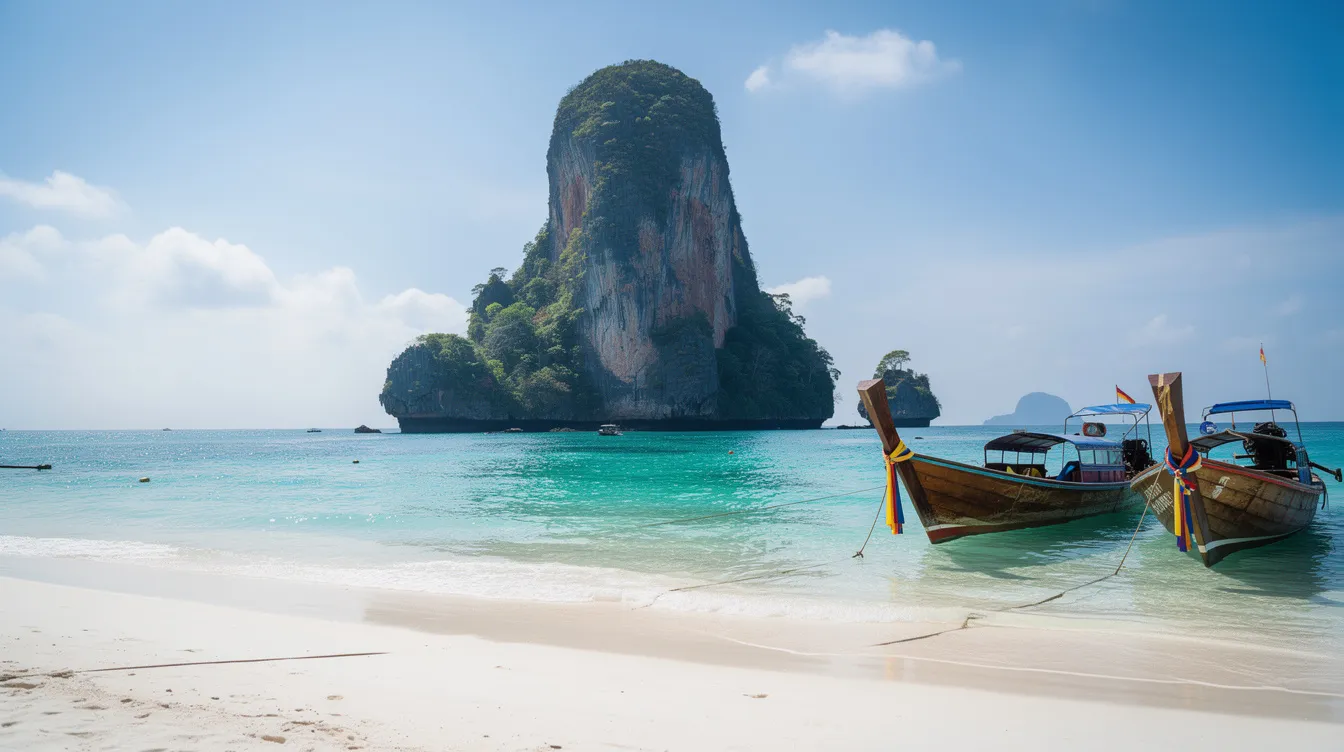 A imagem mostra a deslumbrante Ilha Poda, na Tailândia, com suas areias brancas e águas cristalinas que refletem o azul do céu. Ao fundo, é possível ver formações rochosas típicas da região de Krabi, criando um cenário paradisíaco ideal para relaxar e aproveitar a natureza.
