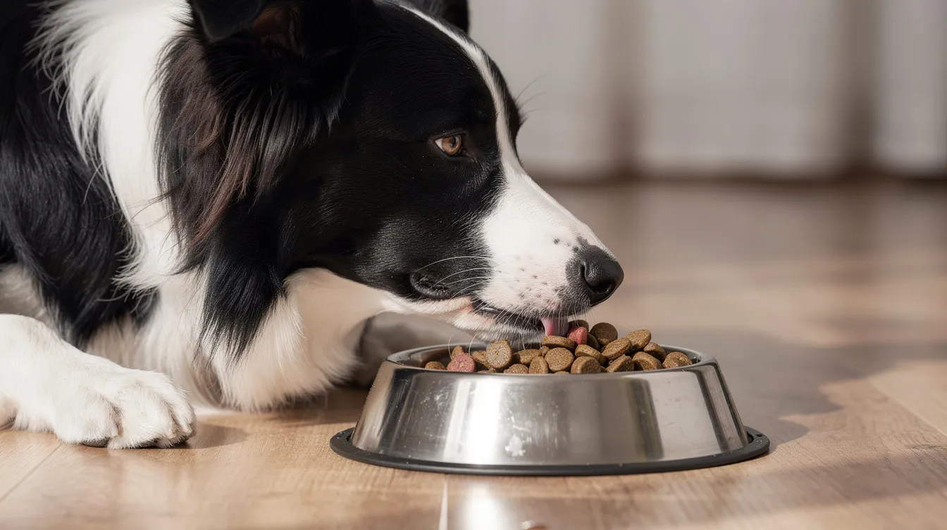 A smooth-coated border collie is happily eating high-quality kibble from a dog bowl, showcasing its energetic and intelligent personality. The scene highlights the dog breed's affectionate nature as it enjoys its meal, emphasizing the importance of a nutritious diet for these active herding dogs.