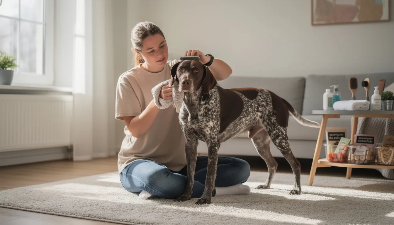 Właściciel pielęgnuje wyżła niemieckiego krótkowłosego, starannie czesząc jego krótką sierść. Pies, znany ze swojego silnego instynktu łowieckiego, ma przyjazne usposobienie i jest doskonałym towarzyszem dla swojej rodziny.