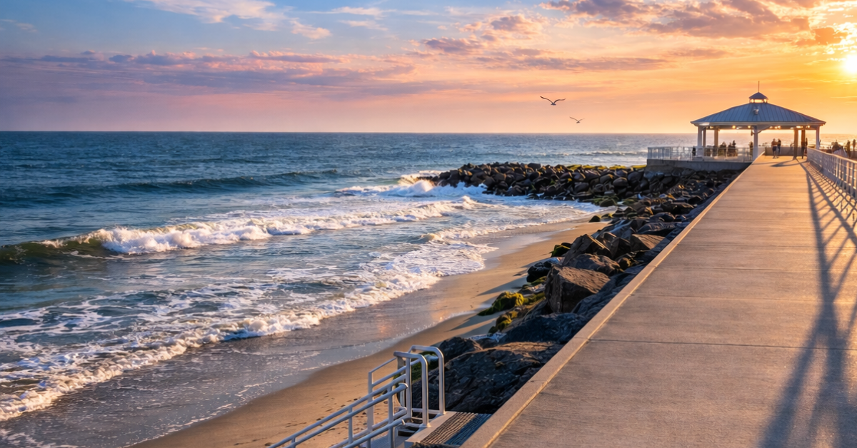 North Wildwood Seawall at sunset with ocean waves, rocky shoreline, gazebo pavilion, and stairs leading down to the beach along the Jersey Shore in Wildwood New Jersey.