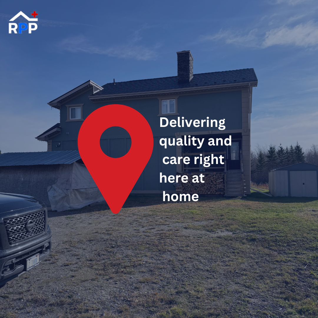 A two-story house with metal roofing under a clear blue sky with a large red map pin icon in the foreground. The text reads "Delivering quality and care right here at home."