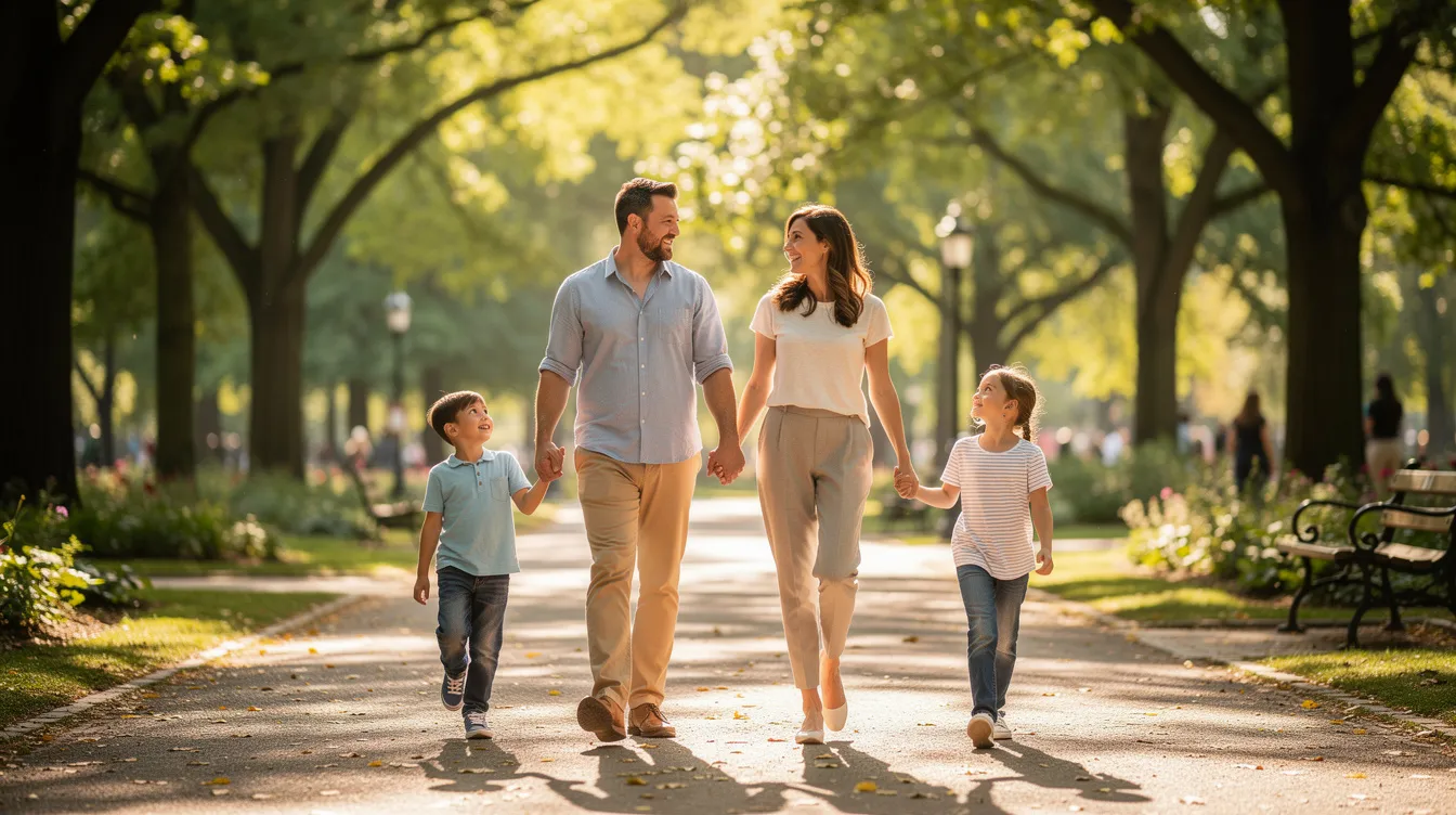 A family of four, including two adults and two children, strolls together along a scenic tree-lined path in a park, enjoying their time outdoors. This image captures the essence of family reunification and the importance of family members spending quality time together, reflecting the values of community and togetherness in Ireland.