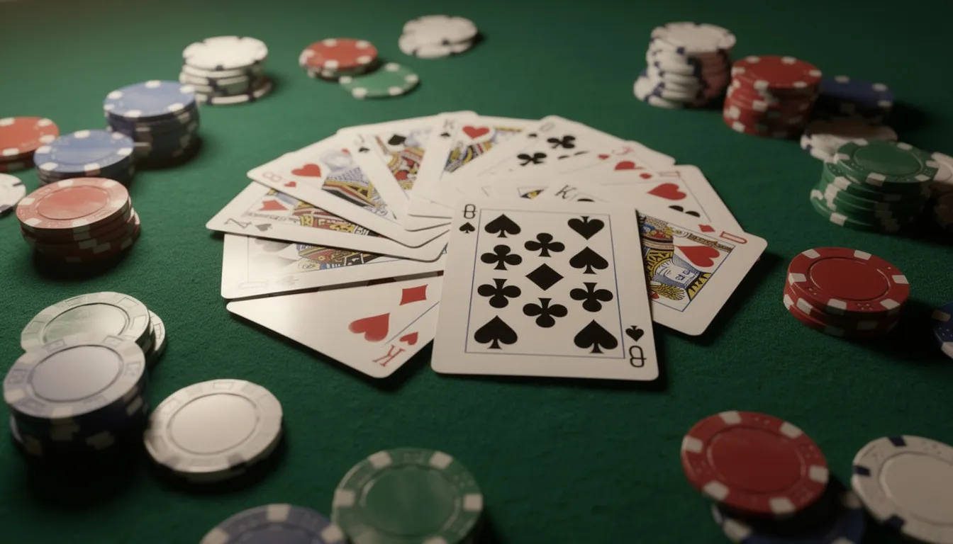 På det gröna bordet ligger en uppsättning spelkort och spelmarker, vilket skapar en inbjudande atmosfär för spelentusiaster. Denna scen kan associeras med spännande casinospel som erbjuds hos Vinnarum, där spelare kan njuta av allt från live casino till slots som "Book of Dead".