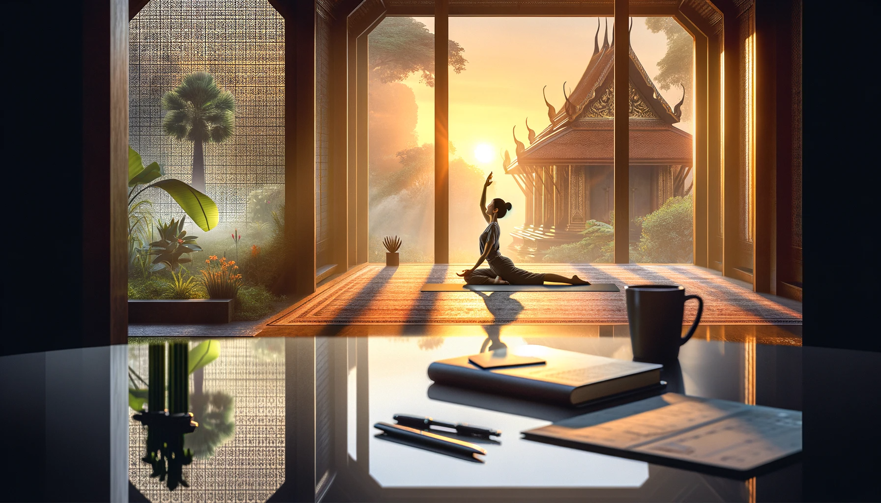 a serene home yoga space at sunrise. It features a woman mid-pose in Baby Cobra pose on a yoga mat, with a subtly placed coffee cup and planner in the room