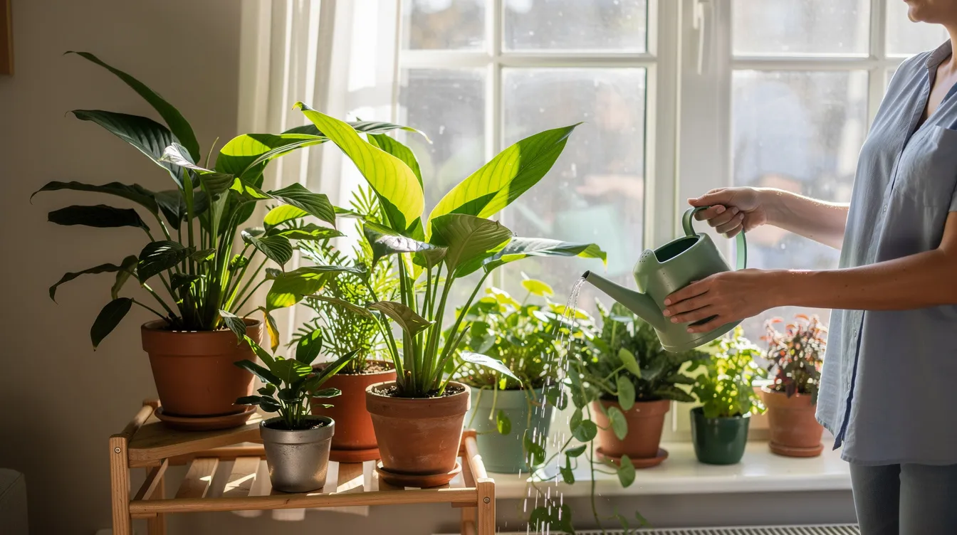 A person is watering fresh houseplants near a bright window, surrounded by a variety of healthy plants, including snake plants and tropical varieties. The sunlight illuminates the vibrant foliage, creating a perfect environment for the plants to thrive.
