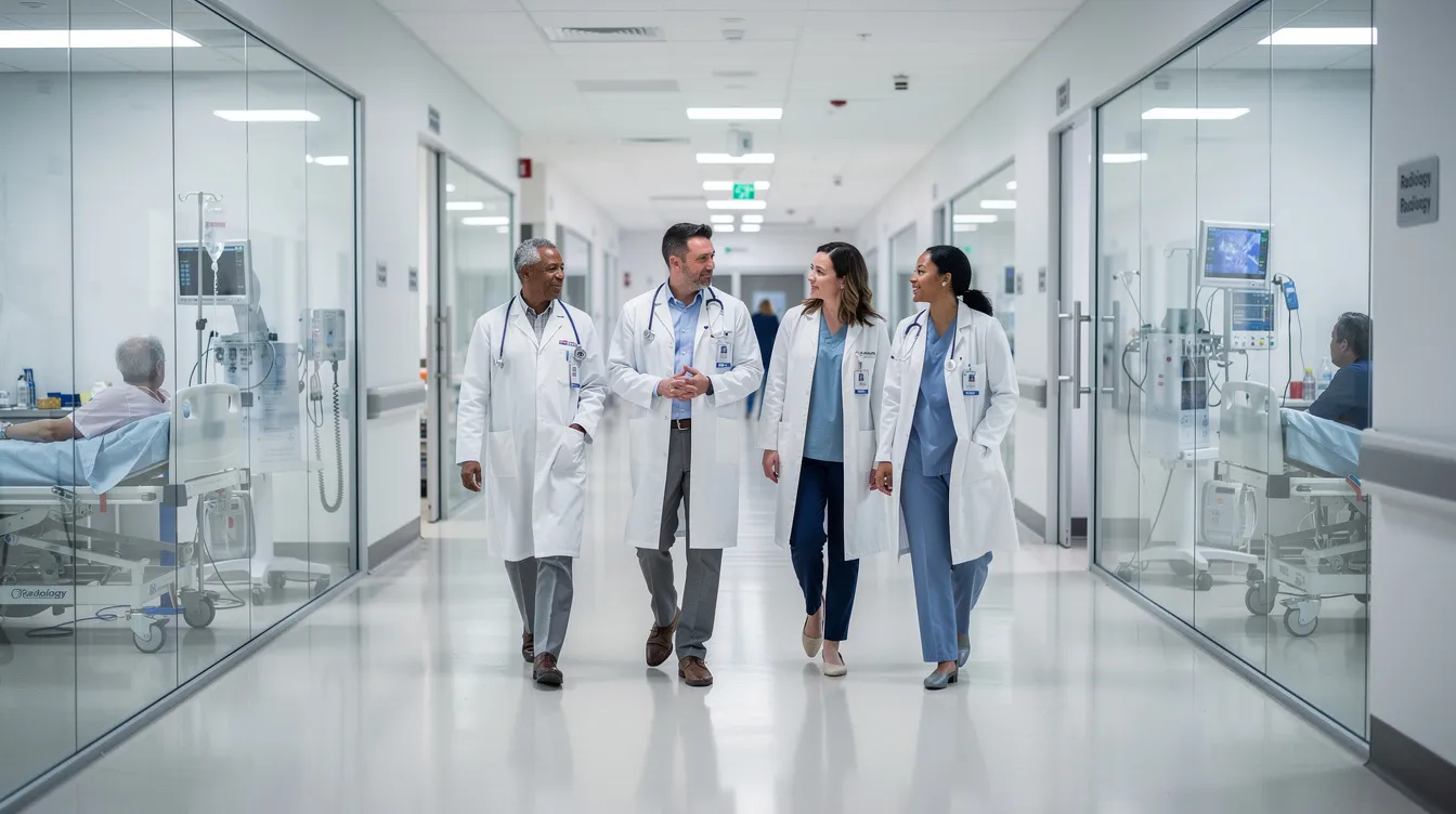 A group of medical professionals in white coats is walking through a modern hospital corridor, which features glass-walled treatment rooms designed for cancer patients. This setting emphasizes the importance of advanced cancer treatment and palliative care in a contemporary healthcare environment.