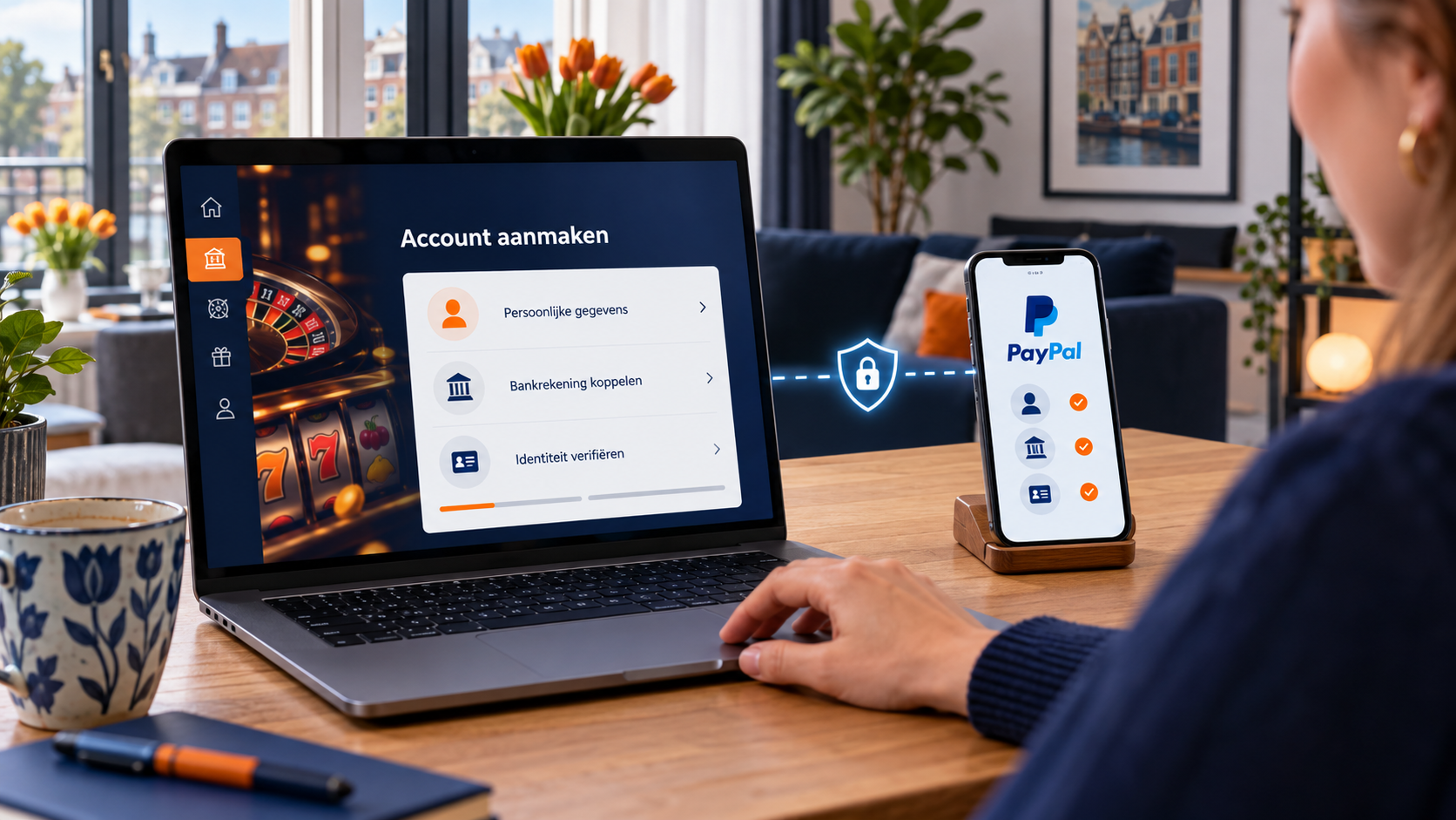 Casinoaccount op een laptop met stappen voor persoonsgegevens, bankrekening en identiteitsverificatie.