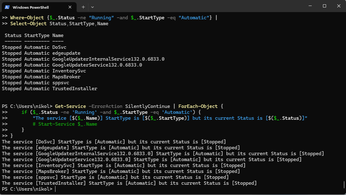 A PowerShell Command Prompt showing the statement "Get-Service -ErrorAction SilentlyContinue | ForEach-Object {     if ($_.Status -ne 'Running' -and $_.StartType -eq 'Automatic') {         "The service [$($_.Name)] StartType is [$($_.StartType)] but its current Status is [$($_.Status)]"         # Start-Service $_.Name     } }".