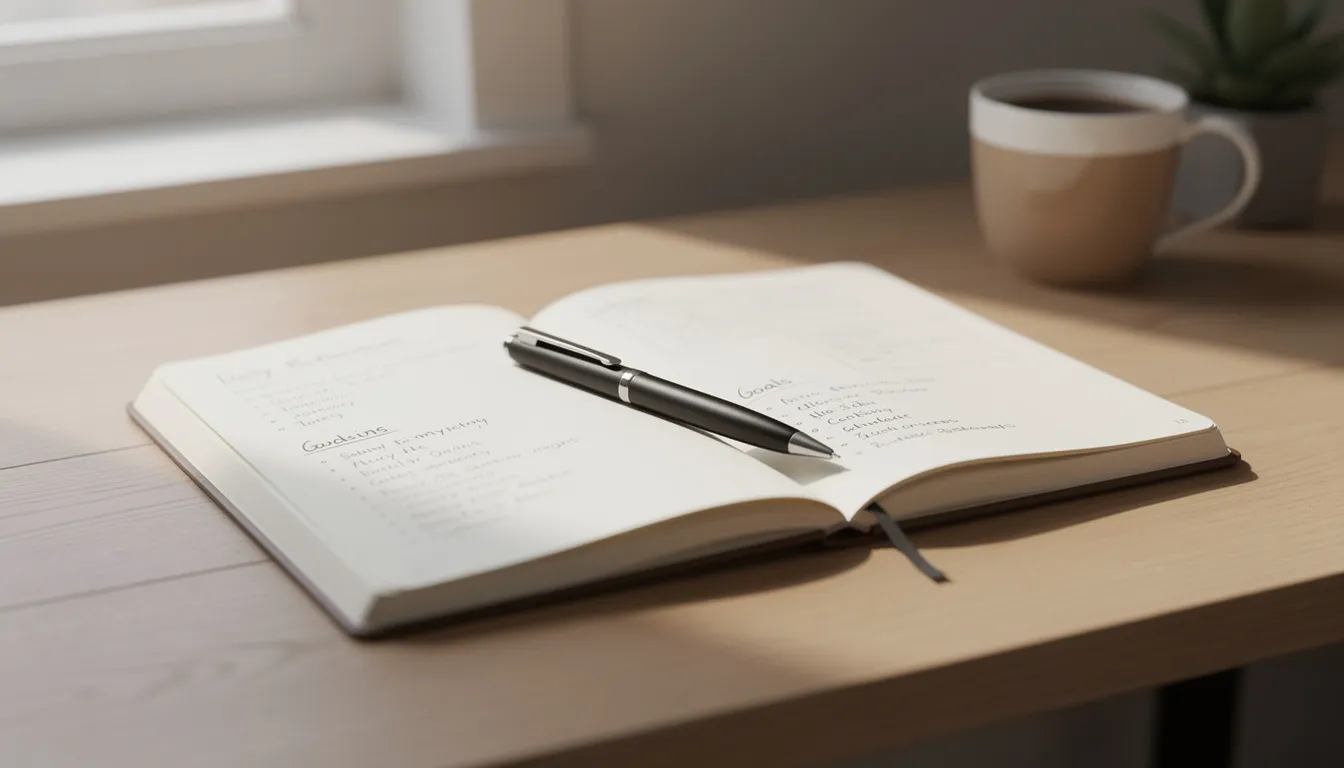 An open notebook and a pen are placed on a desk, symbolizing personal journaling and goal tracking, which can be beneficial for individuals dealing with hoarding issues or related disorders. This image evokes the idea of taking the first step toward recovery, often supported by online hoarding support groups and resources for mental health.