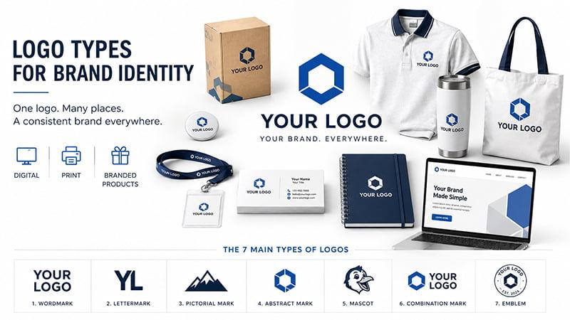 Logo types for brand identity shown across packaging, apparel, drinkware, stationery and digital screens