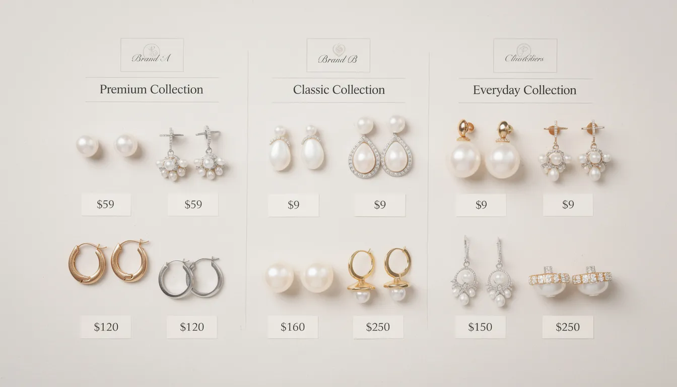 The image showcases a collection of elegant pearl earrings, including pearl stud earrings and drop earrings, displayed in a stylish jewellery box. It highlights various options crafted with cultured freshwater pearls, set in yellow gold, perfect for any occasion and ideal as a gift for women.