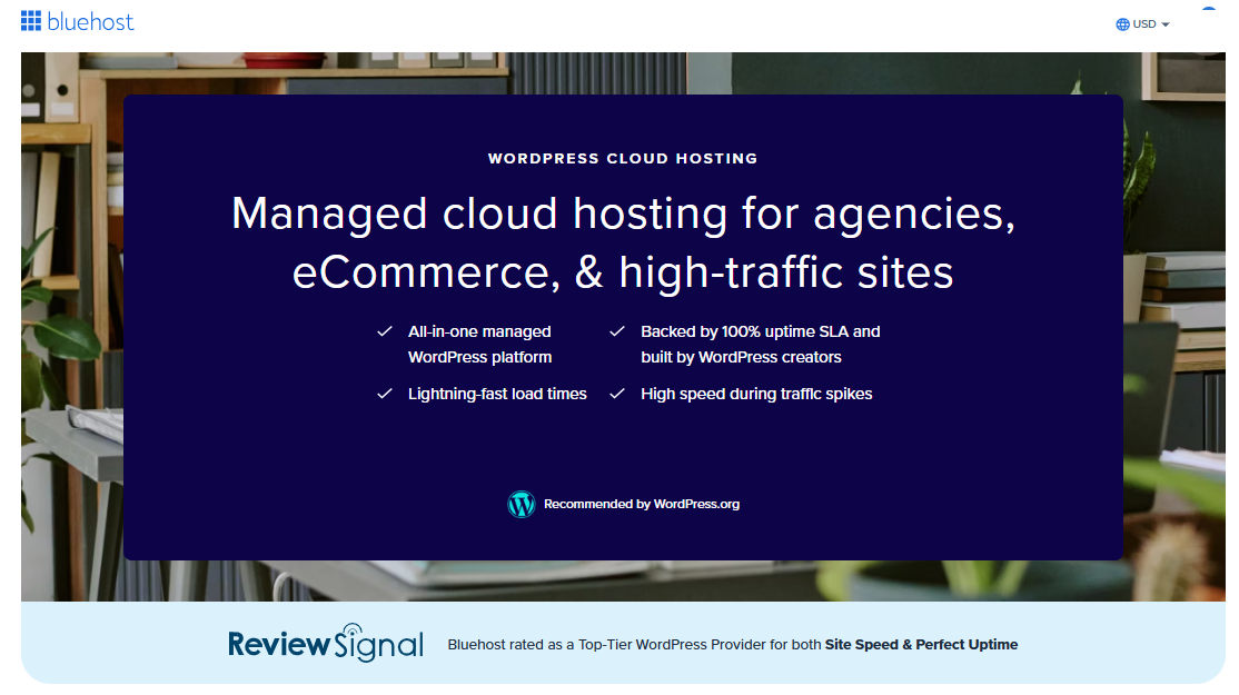 An image depicting Bluehost WordPress cloud hosting page.