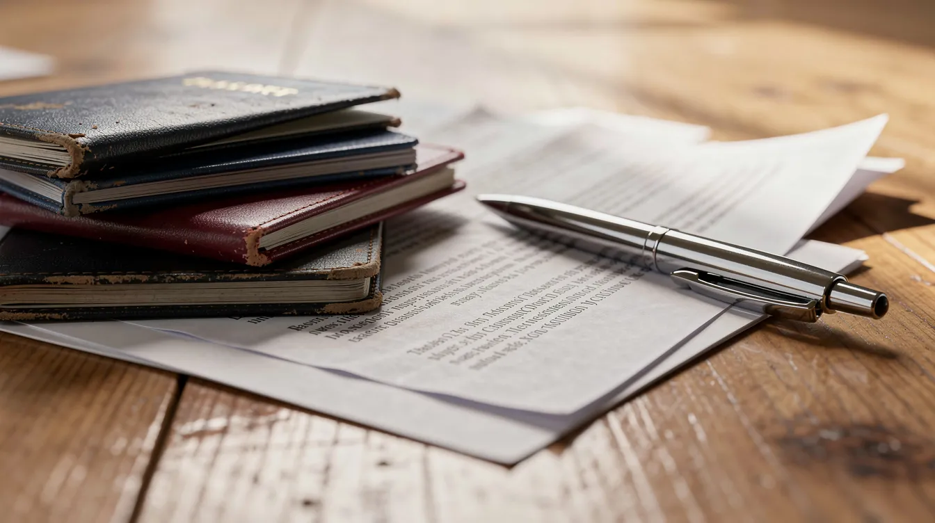 A stack of passports and printed documents related to visa applications sits on a wooden table, accompanied by a pen, suggesting preparations for submitting important documents to UKVI. The scene evokes a sense of organization and readiness for the application process.