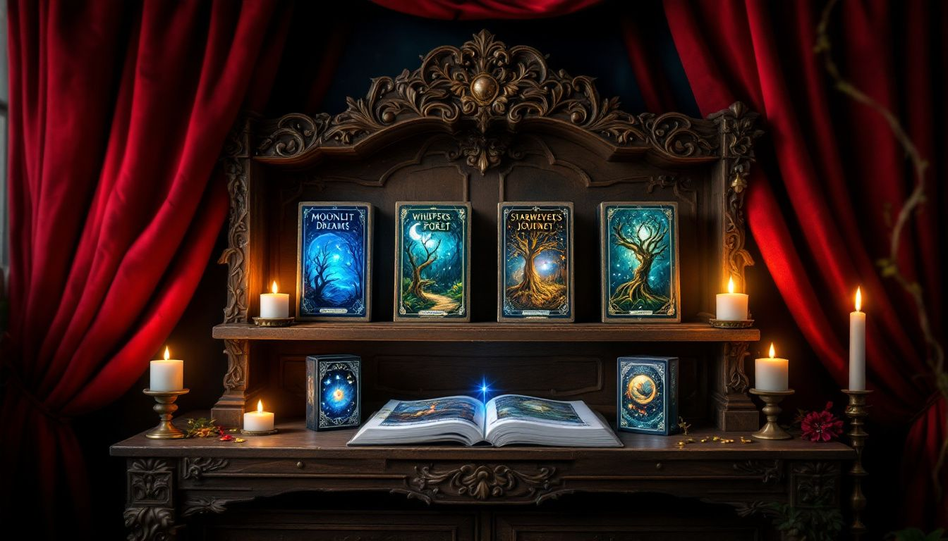 A collection of various tarot decks displayed together.