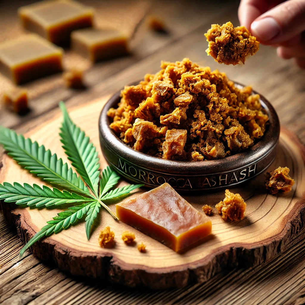 A beautifully arranged display of Moroccan hash, golden-brown in color, placed on a rustic wooden board with a cannabis leaf beside it.