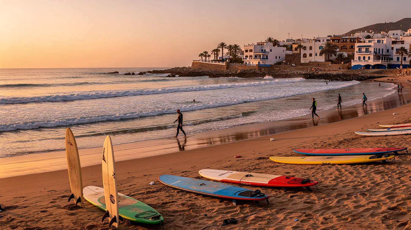 Vista panorámica de la playa de Taghazout, donde las olas rompen suavemente en la arena y varias tablas de surf están dispuestas para disfrutar del mar. Este destino en Marruecos es ideal para los amantes del surf y ofrece oportunidades de alquiler de coches en Agadir para explorar la región.
