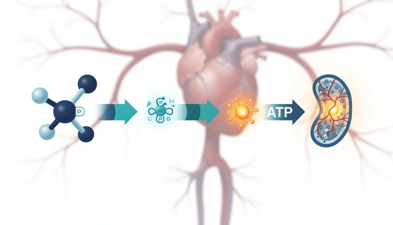 The image depicts a simplified pathway illustrating the conversion of a molecule into cellular energy production, set against a backdrop of a heart and blood vessels. This visual emphasizes the importance of mitochondrial function in energy metabolism, particularly in relation to cardiac health and the role of nicotinamide mononucleotide (NMN) in enhancing myocardial energy metabolism.