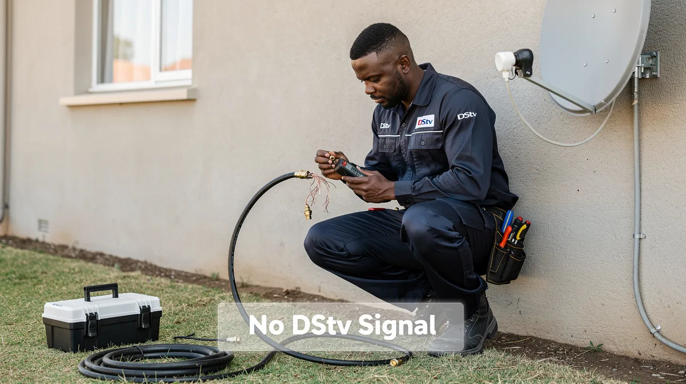 A technician is inspecting a damaged signal cable and checking for loose connections as part of a repair for a "No DStv Signal" issue. The technician is focused on identifying the root cause of the signal problems to restore the satellite signal and improve the quality of the DStv channels.