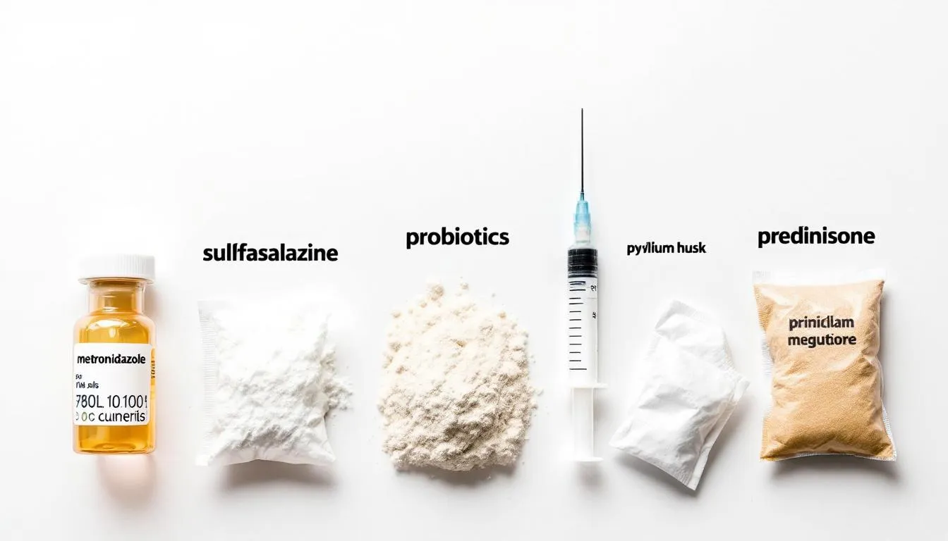 The image displays a variety of medications and supplements that are commonly used to treat colitis in dogs, including anti-inflammatory drugs, antibiotics, and dietary supplements aimed at improving gut health. These treatments are essential for managing symptoms such as chronic diarrhea and inflammation in the dog