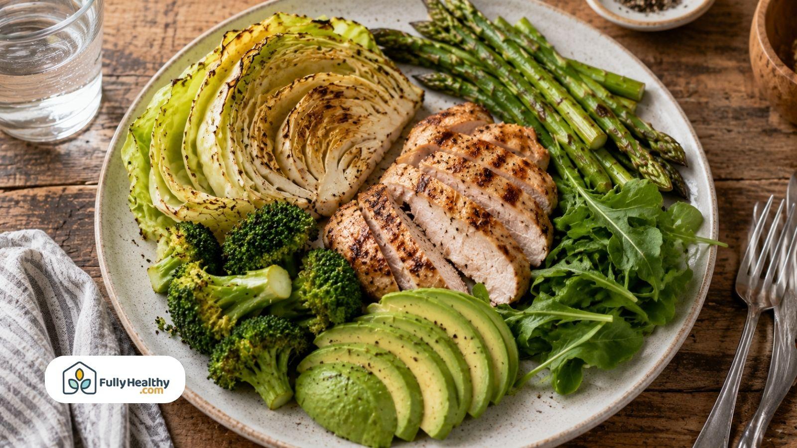 Grilled chicken with roasted cabbage avocado broccoli and asparagus on keto meal plate
