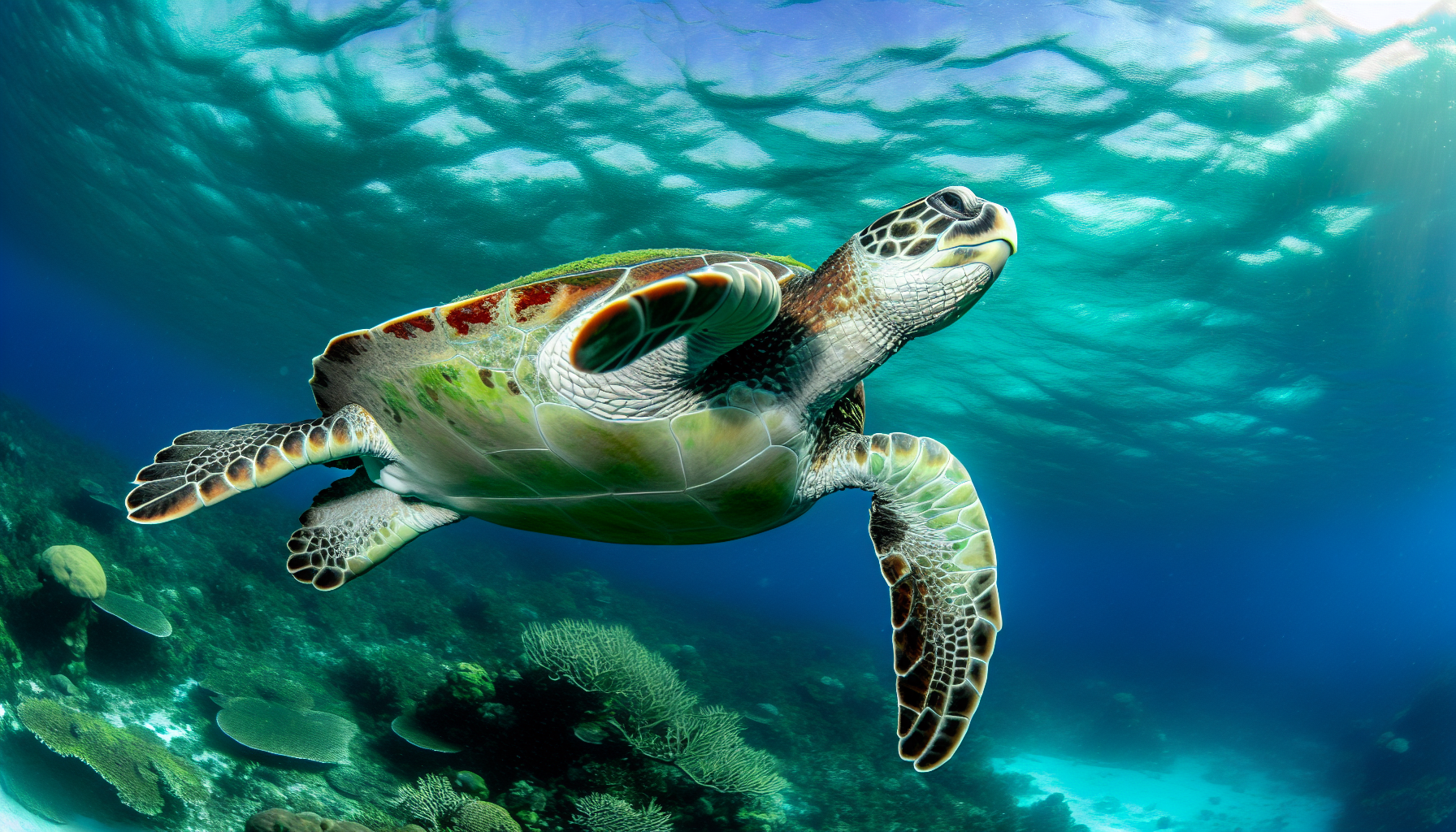 Green sea turtle swimming in clear tropical waters off the coast of Costa Rica