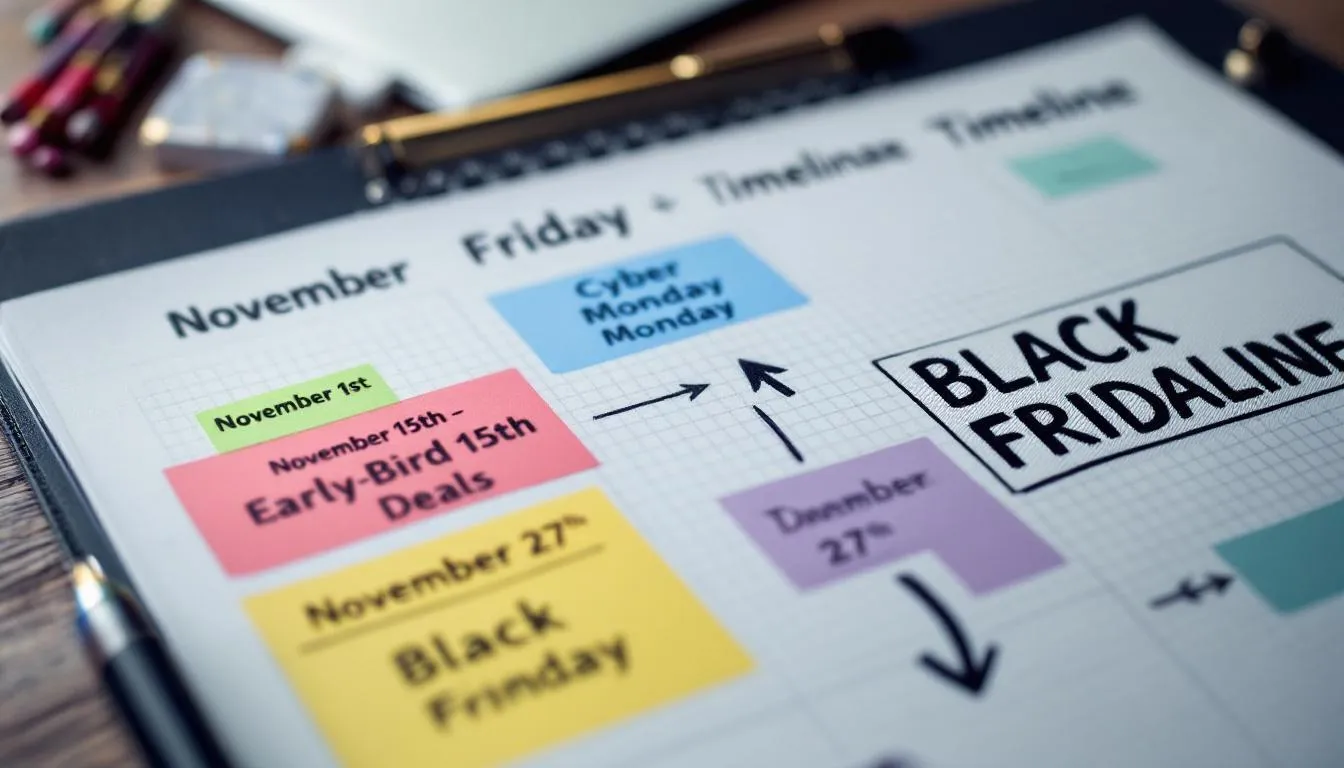 The image depicts a calendar with a timeline highlighting important dates for Black Friday crypto deals, including marked promotions for crypto wallets, discounts on hardware wallets, and opportunities for trading rewards. Key dates indicate when users can access exclusive offers for crypto purchases and trading tasks to maximize their savings during the Black Friday sale.