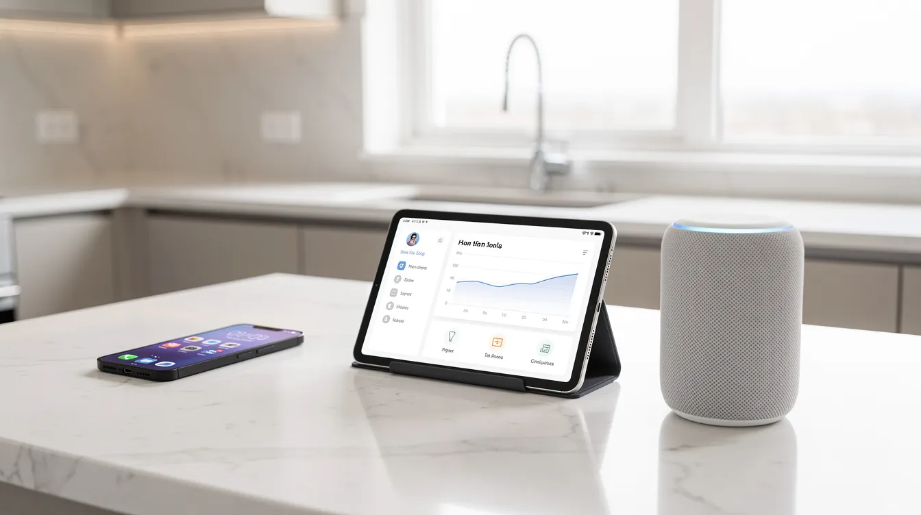 The image shows a modern kitchen counter featuring a smartphone, tablet, and smart speaker, highlighting the integration of smart devices in everyday life. This setup reflects how HVAC companies can leverage digital marketing and local SEO strategies to enhance their online visibility and connect with potential customers.