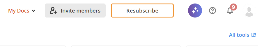 pdfFiller dashboard header showing AI tools icon, notifications, invite members, and resubscribe options.
