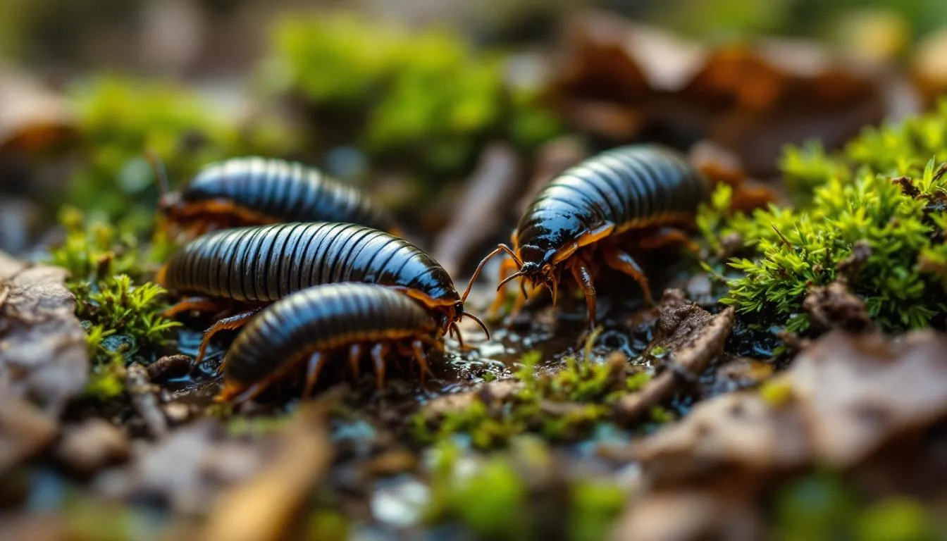A close-up view of woodlice in their natural habitat, showcasing their unique features.