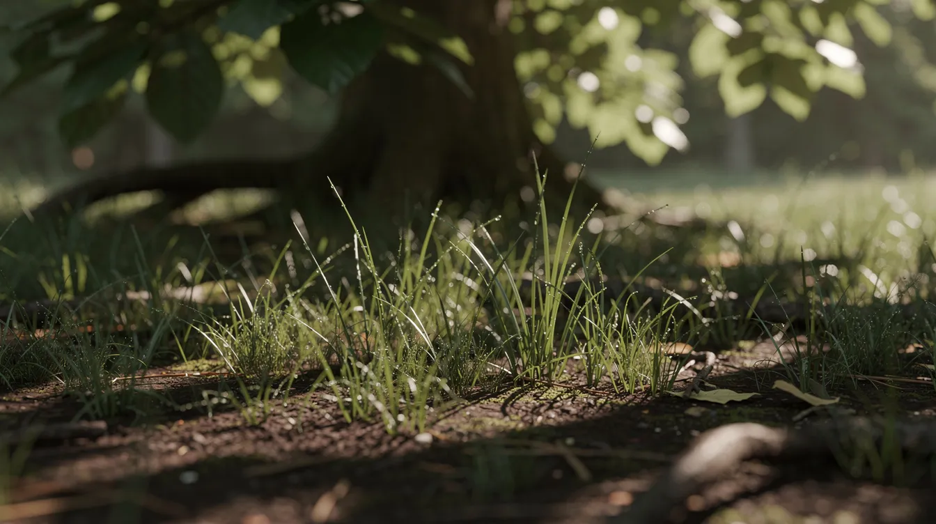 A close-up view of fine-textured grass blades thriving in dappled shade beneath a large deciduous tree, showcasing a lush green lawn that benefits from the cool season grasses. This healthy grass, likely a mixture of perennial ryegrass and creeping red fescue, demonstrates its ability to grow in shady areas while maintaining a vibrant appearance.