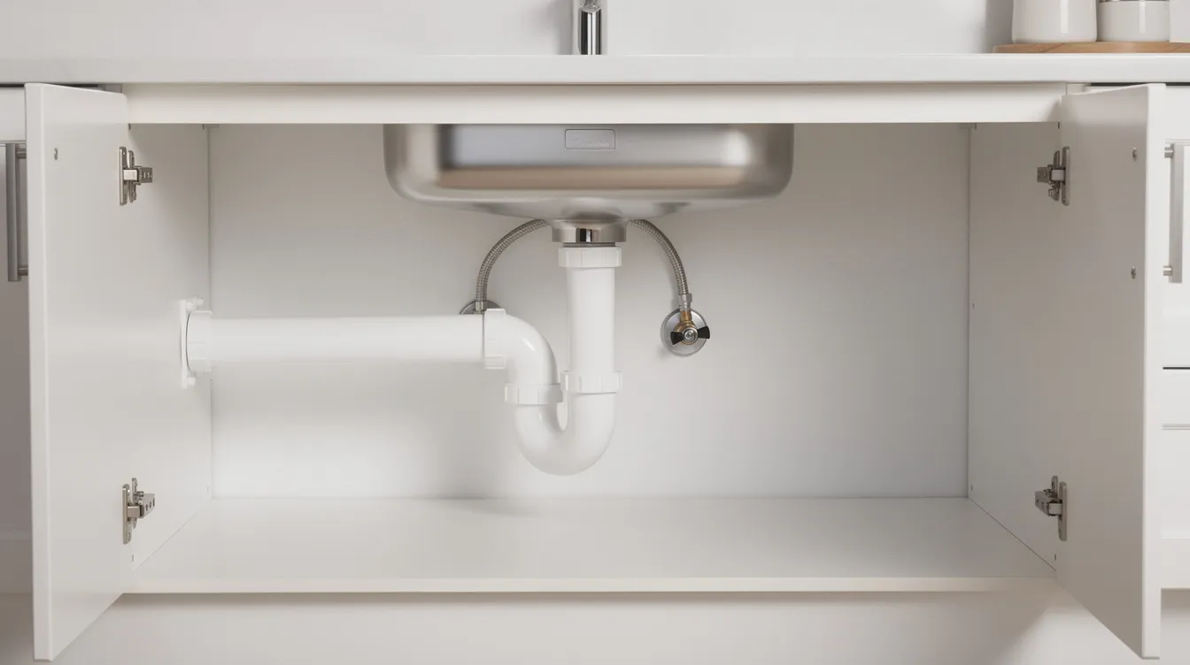 The image shows a P-trap plumbing system installed under a kitchen sink, featuring white pipes that connect to the drain. This essential component of residential plumbing helps prevent odors from entering the home while ensuring proper drainage.