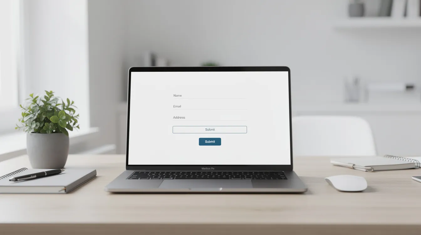 A modern office desk features a sleek laptop displaying an online application form, surrounded by minimalistic stationery and a stylish desk lamp. The overall setting conveys a professional and organized workspace.
