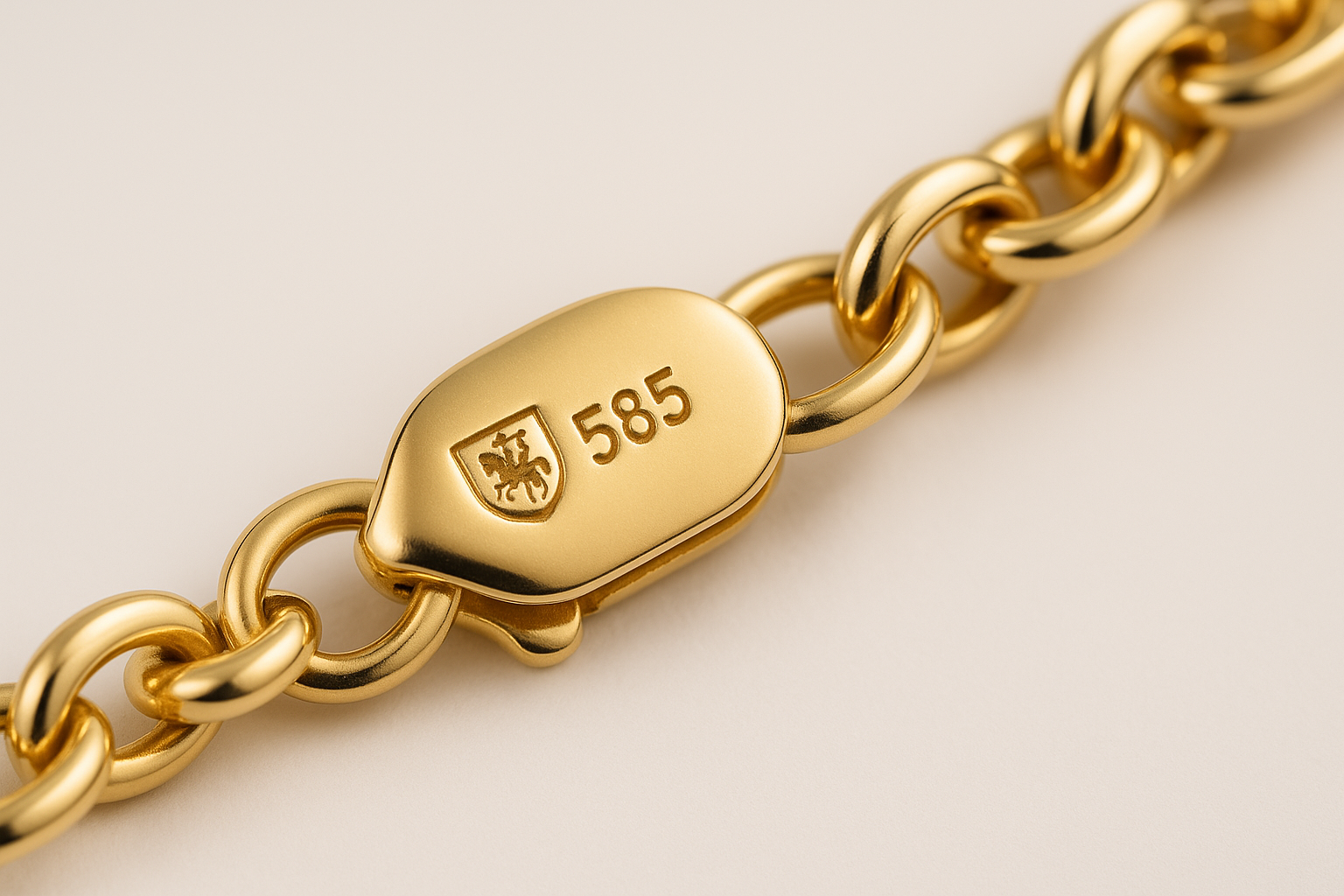 Geltonos aukso grandinėlės užsegimo makro nuotrauka, kurioje aiškiai matomas Lietuvos prabavimo rūmų ženklas su Vyčiu ir skaičiumi 585.