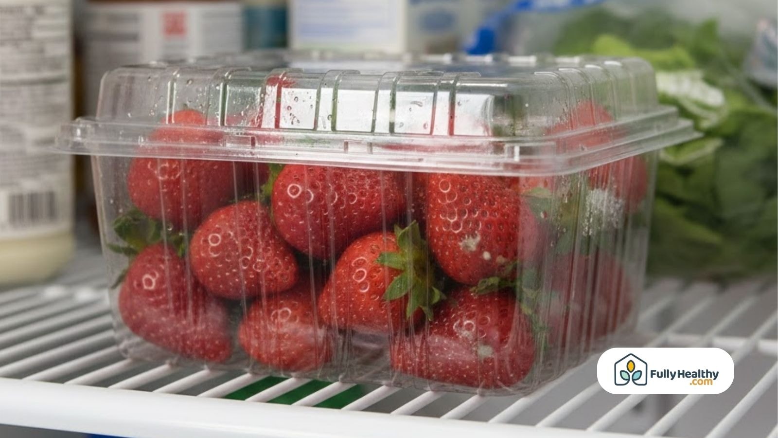 Strawberries stored in original plastic container inside refrigerator.
