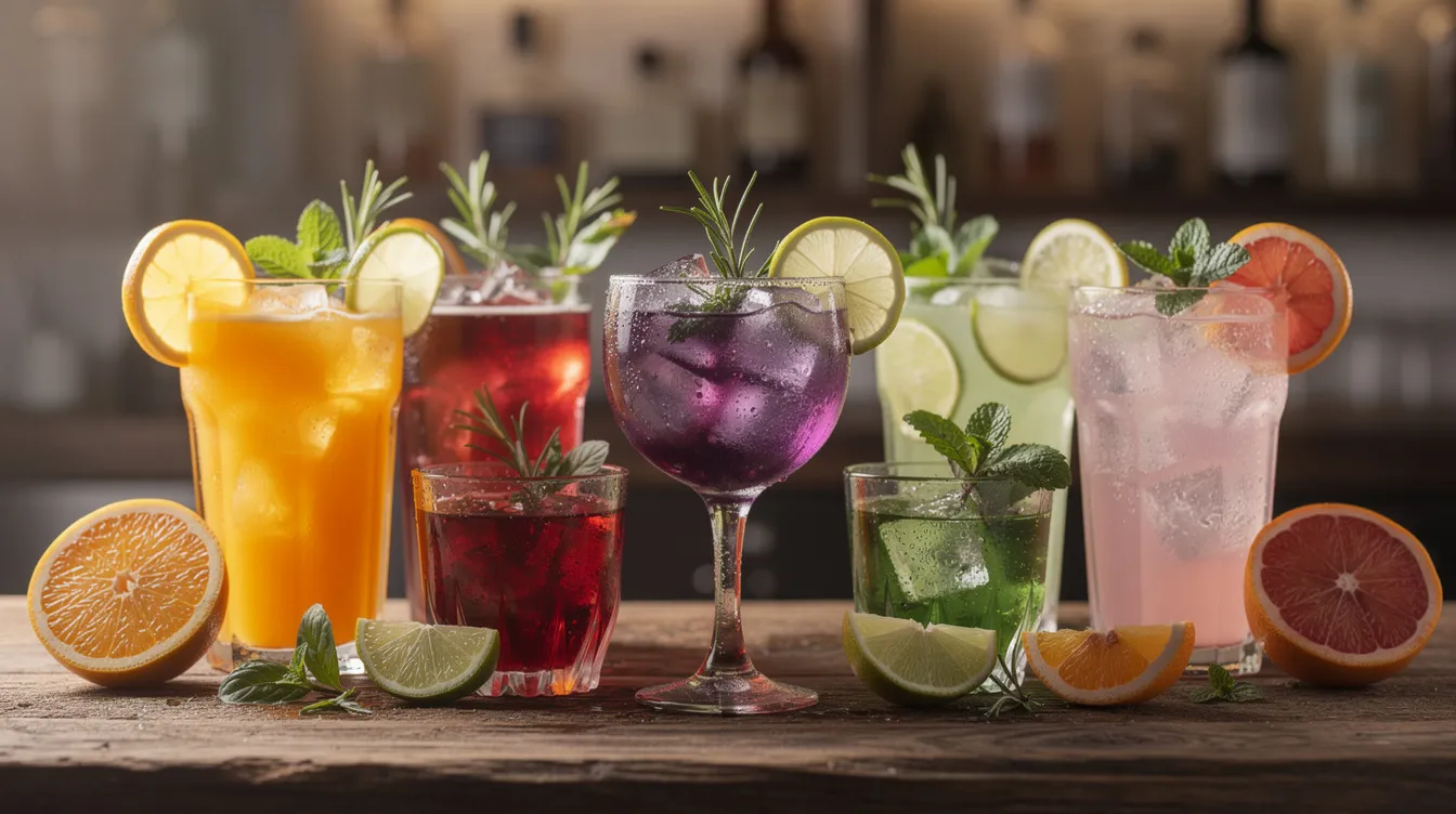 A vibrant array of non-alcoholic drinks is displayed on a wooden bar counter, featuring colorful beverages garnished with fresh herbs like mint and slices of citrus fruits. This selection includes alcohol-free options such as sparkling water, juices, and mocktails, perfect for those seeking refreshing alternatives to traditional alcoholic drinks.