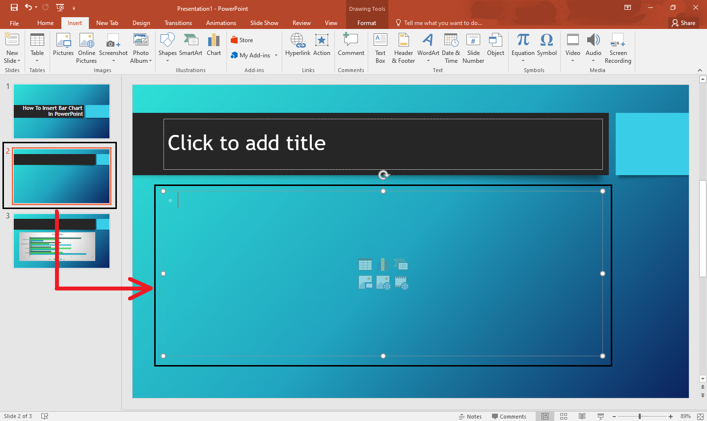 Select a blank slide in your presentation and click the placeholder text box where you want to add a bar graph.