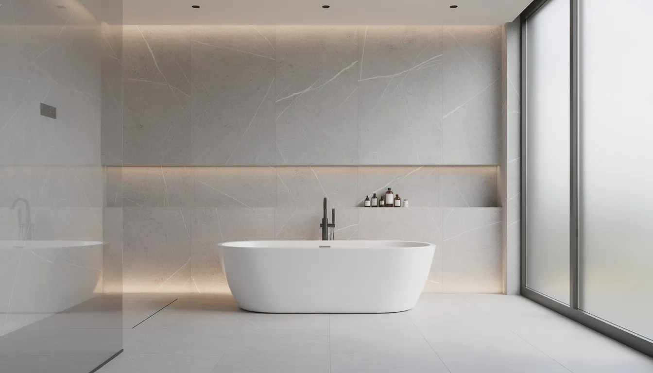 Een moderne badkamer met lichtgrijze marmerlook wandpanelen en een vrijstaand bad, die een luxe uitstraling biedt. De wandpanelen zijn volledig waterdicht en uitermate geschikt voor vochtige ruimtes, waardoor ze een ideale oplossing zijn voor badkamerrenovatie.
