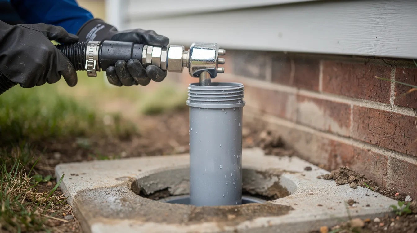The image shows a close-up view of a high-pressure water jetting nozzle being inserted into a residential sewer cleanout pipe, illustrating the hydro jetting method used for drain cleaning. This process helps clear clogged pipes by utilizing pressurized water to remove buildup and debris from the pipe walls.