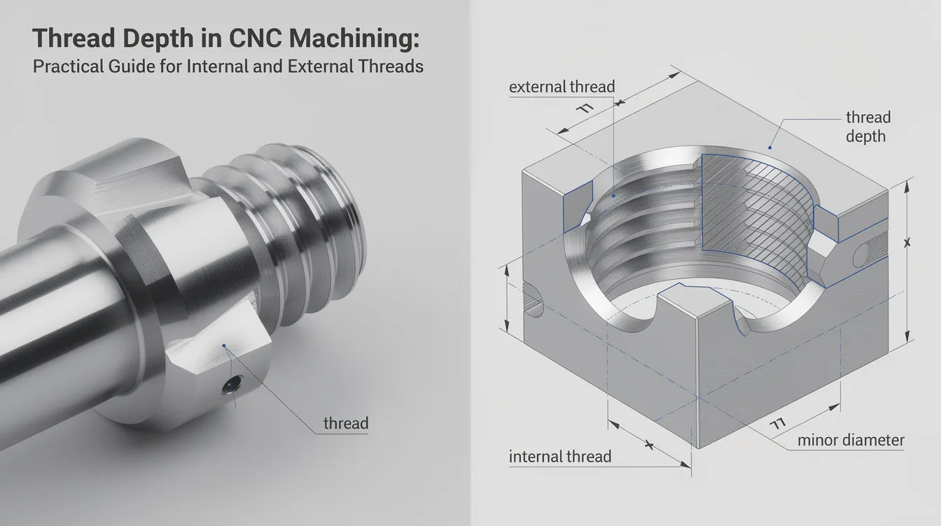 The image illustrates a CNC machining setup focused on thread depth for both internal and external threads, showcasing various dimensions such as minor diameter, pitch diameter, and major diameter. It highlights the importance of accurate measurements, including threads per inch and thread pitch, for achieving reliable and precise threaded holes in steel components.