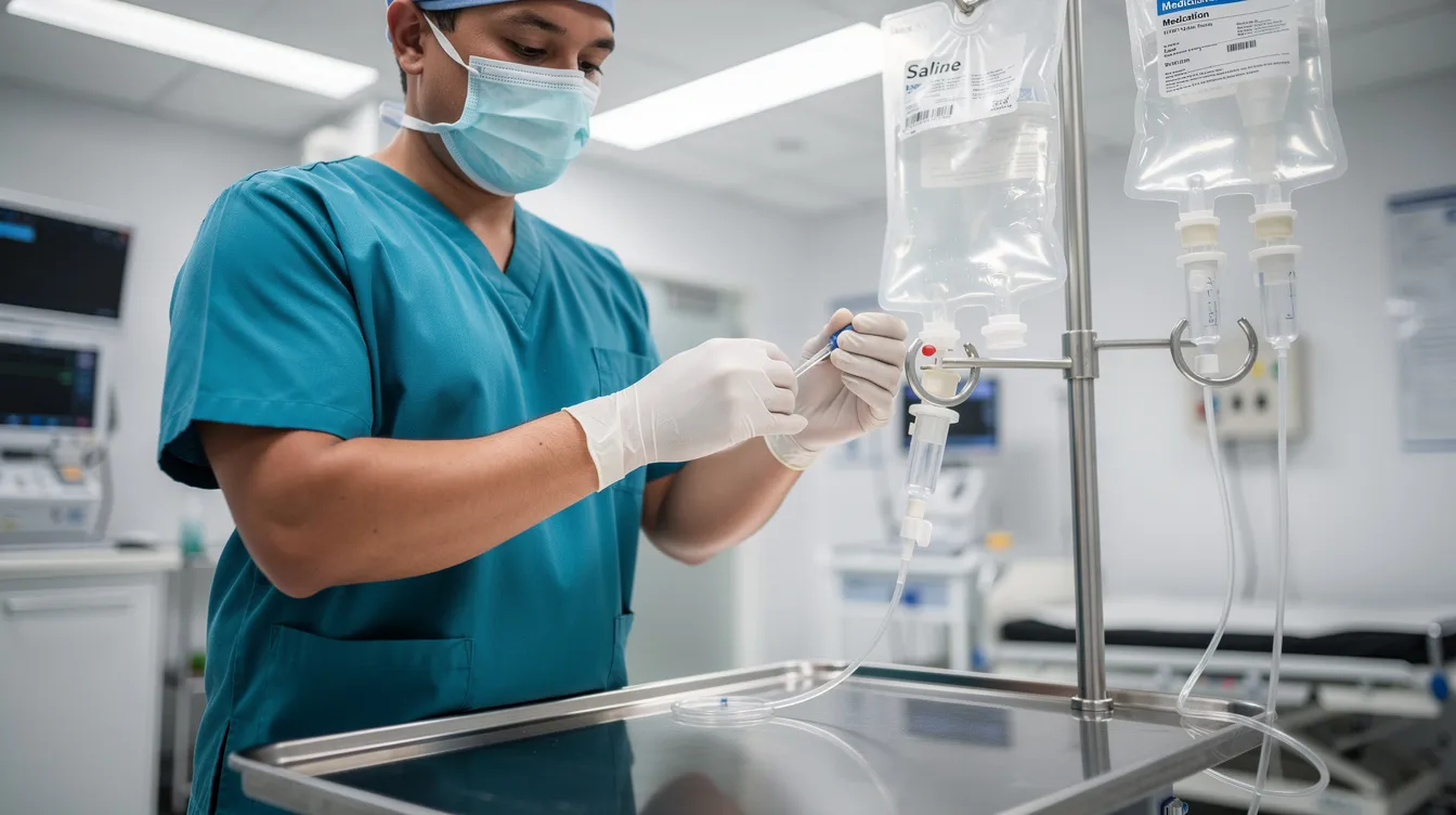 A medical professional is seen in a clinical setting preparing an IV infusion, which is often utilized for NAD IV therapy to enhance cellular health and energy production. This process may support healthy aging and boost NAD levels in patients, contributing to overall wellness goals.