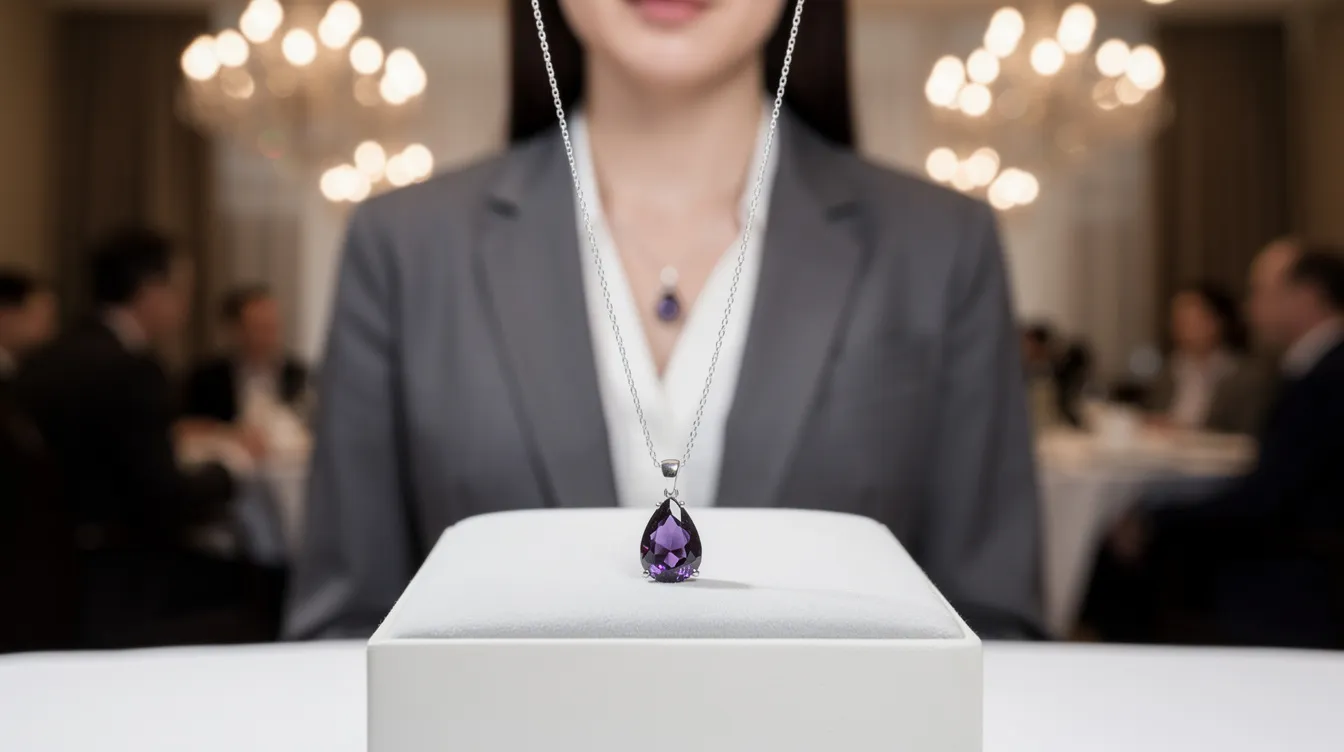 The image features a beautifully designed dark amethyst necklace, showcasing a captivating stone that radiates elegance. This meticulously crafted piece from a jewellery collection is perfect for both formal events and casual outings, enhancing any outfit with its unique style.