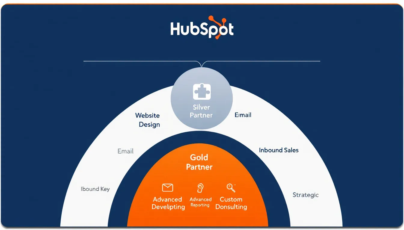 Een diagram dat de verschillende niveaus van HubSpot Partners toont, inclusief hun diensten en expertise.