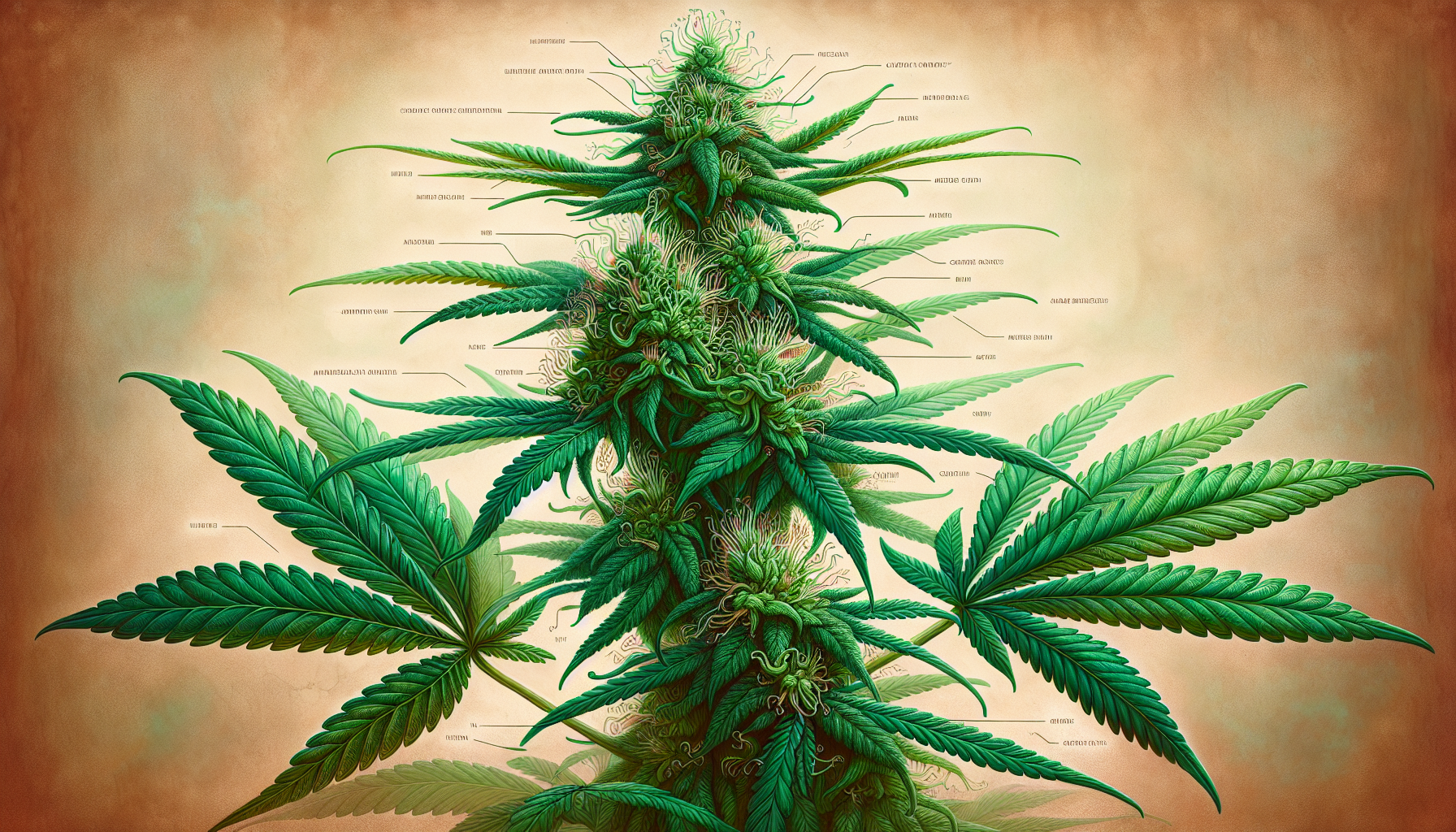 A detailed illustration of a cannabis plant showing the different parts of the plant.