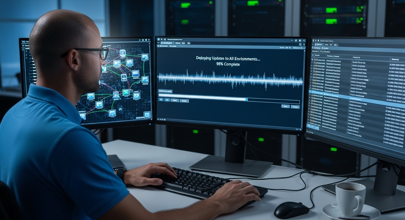 IT admin deploying software updates instantly across all user environments in a virtual lab.