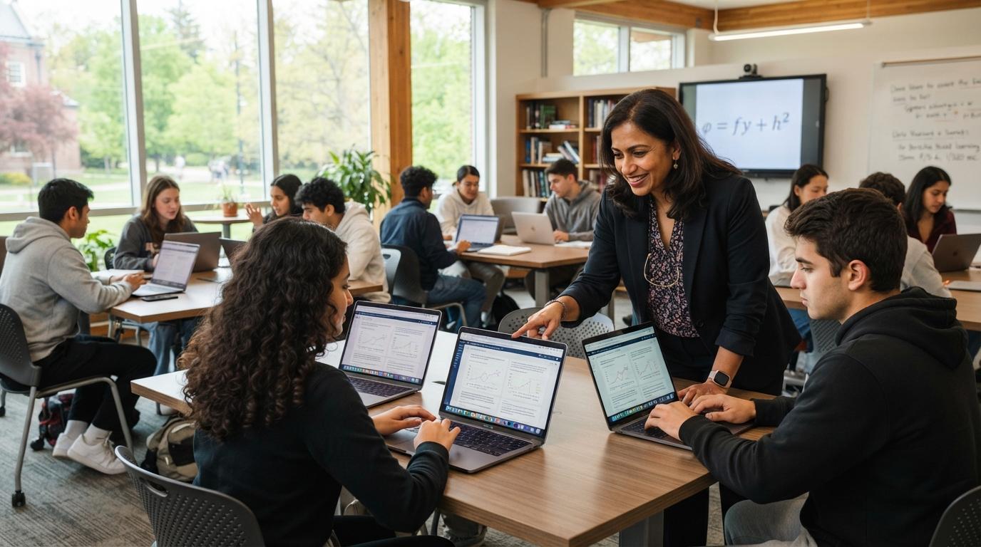 Photorealistic university professor assisting students working on laptops in a modern classroom while AI-powered tutoring supports personalized learning, collaborative academic environment.