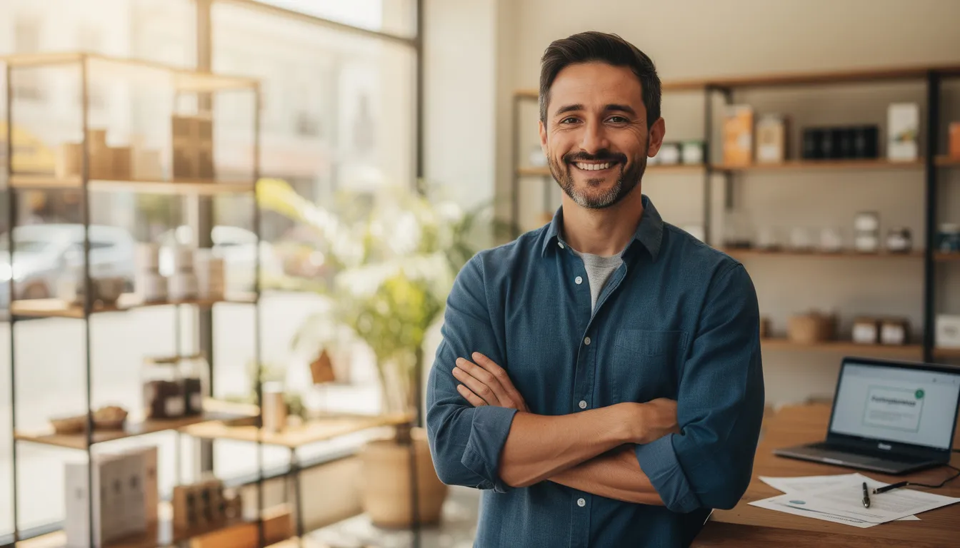 The image depicts a confident small business owner standing proudly, symbolizing success and luck after securing crucial funding from a local bank. This moment captures the essence of the guy staying the course and achieving financial support for future sales, highlighting the importance of accessible options for small business operations.