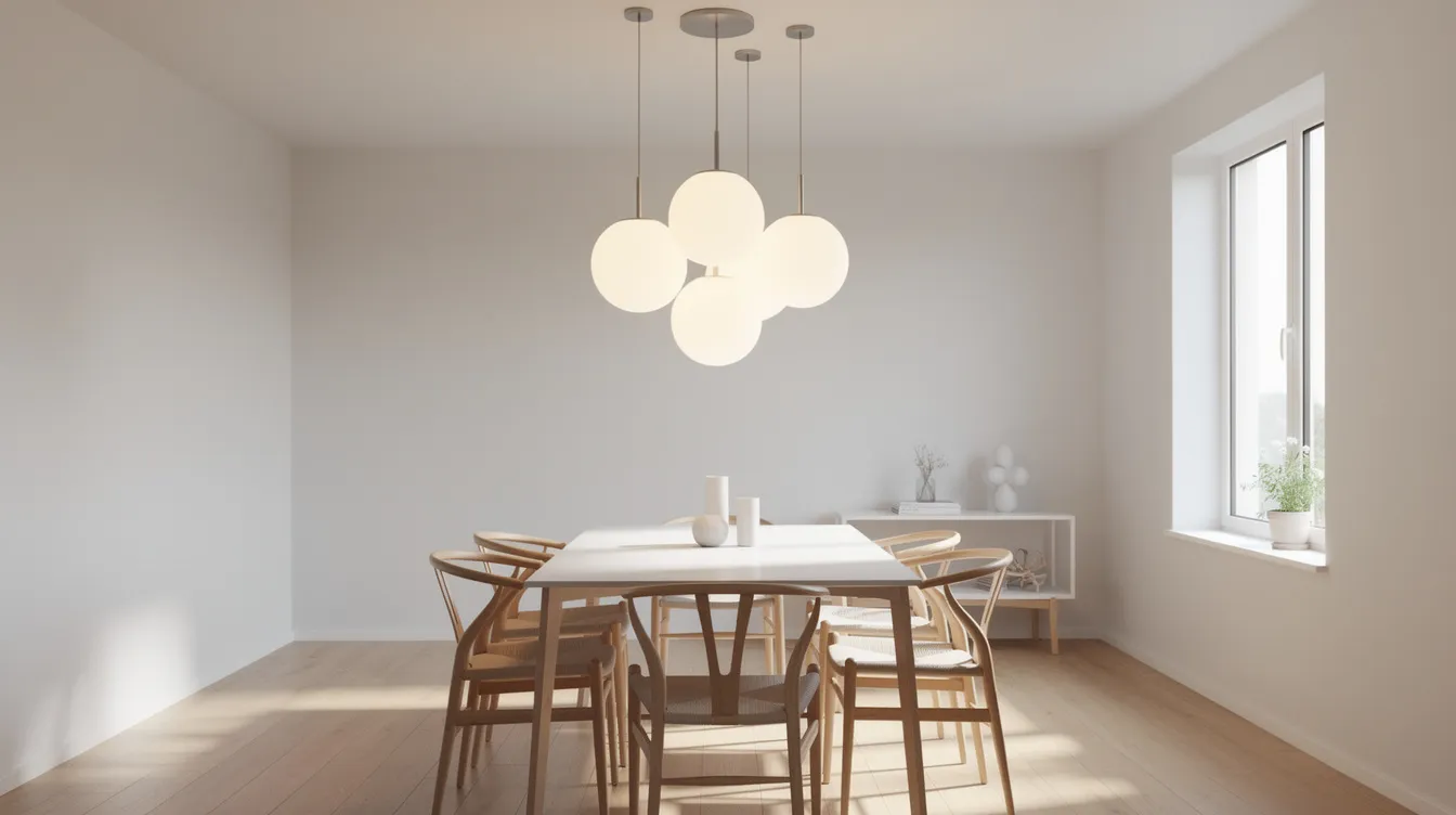 En klusterlampa med flera opalglasbollar hänger elegant över ett matbord i en ljus och modern matsal, vilket skapar en varm och inbjudande atmosfär. Lampan sprider ljuset jämnt och fungerar som både funktionell belysning och en stilfull inredningsdetalj i rummet.