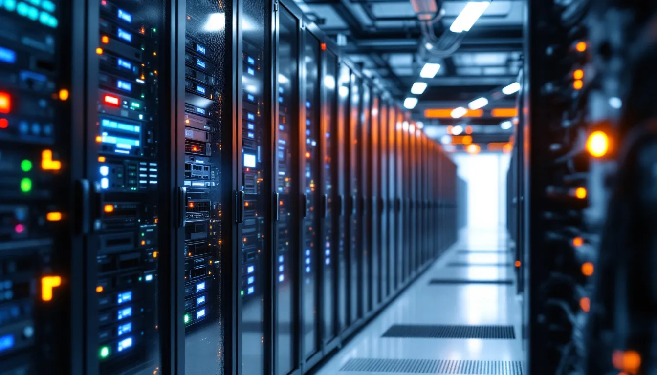 In the image, a server room is depicted showcasing a distributed hardware setup with multiple connected nodes, illustrating a Hadoop cluster environment that supports big data analytics and data processing. This configuration enables organizations to efficiently run SQL queries and manage large datasets across various data sources within a data virtualization platform.