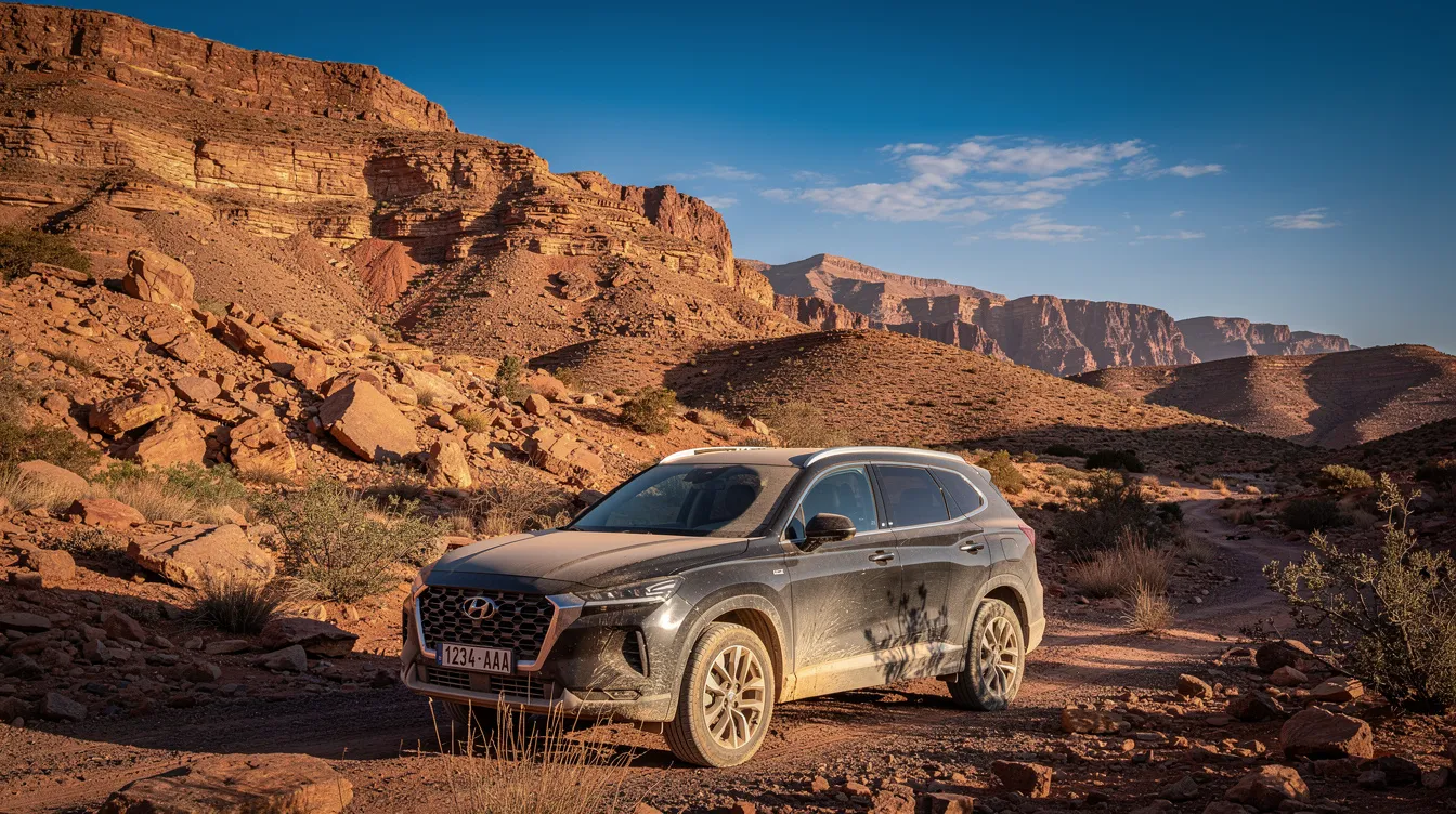طوموبيل SUV واقفة فمنظر صخري فالأطلس الصغير تحت سماء زرقة.