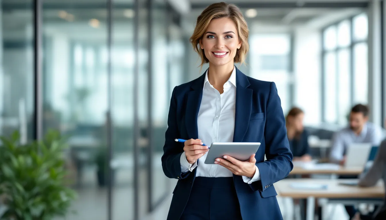 The image depicts a confident Chief Executive Officer (CEO) standing in a modern office environment, symbolizing executive leadership and strategic direction. The CEO is dressed in professional attire, exuding executive presence, and is surrounded by elements that represent business growth and operational excellence.
